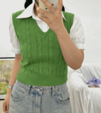 [일체형]셔츠 반팔 레이어드 케이블 꽈배기 크롭 니트 조끼
